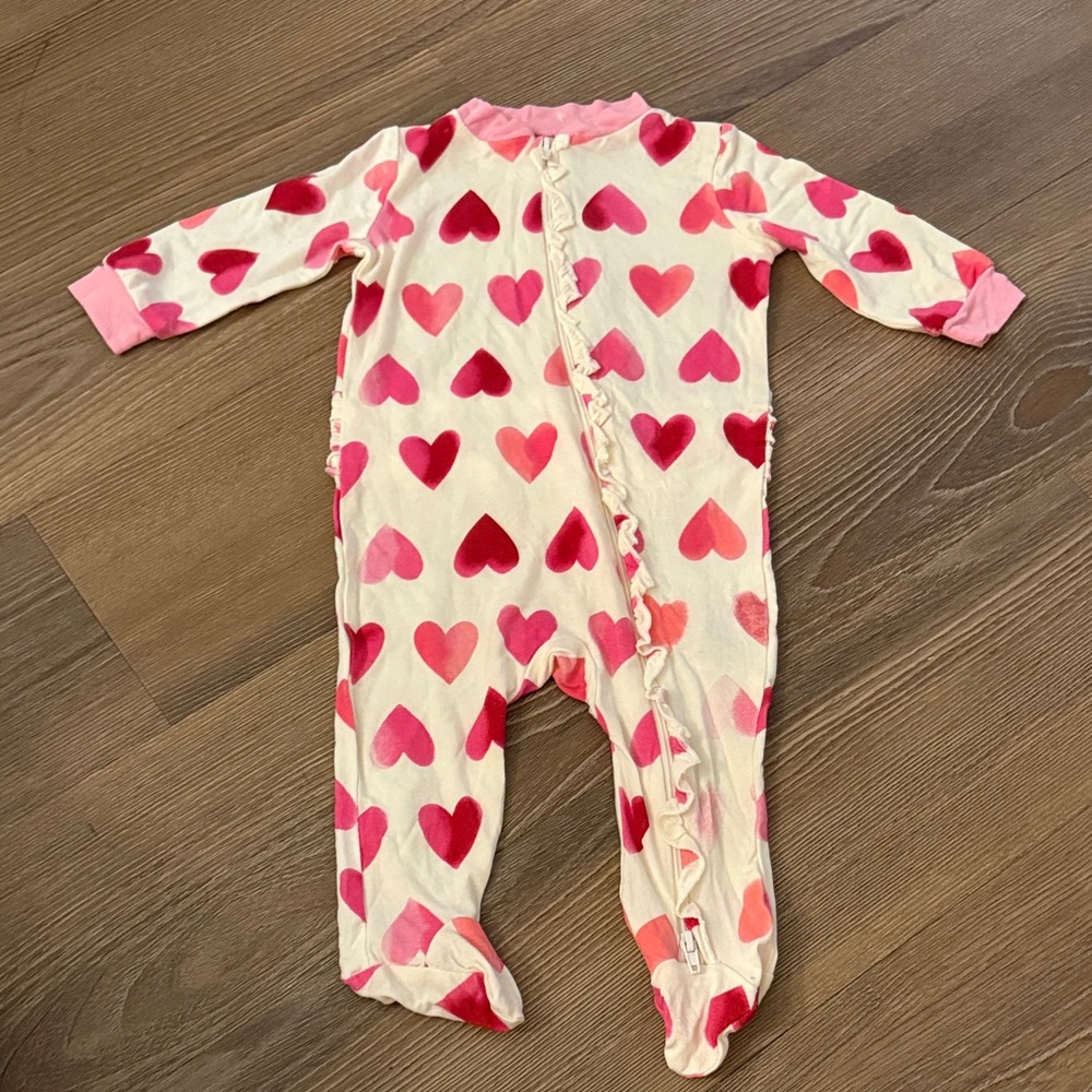 NWOT Milkberry pink hearts print ruffle bamboo viscose footie